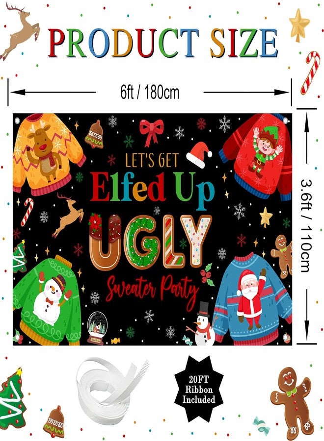 Lecheme Ugly Sweater Party Banner 6x3.6 ft Elfed Up Christmas Backdrop Black Ugly Sweater Party Decorations for Xmas Friendsmas Elf Theme Background Holiday Photo Props - Image 3